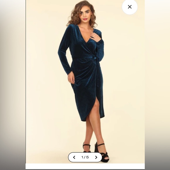 Dark Teal Velvet Wrap Dress - Picture 1 of 8